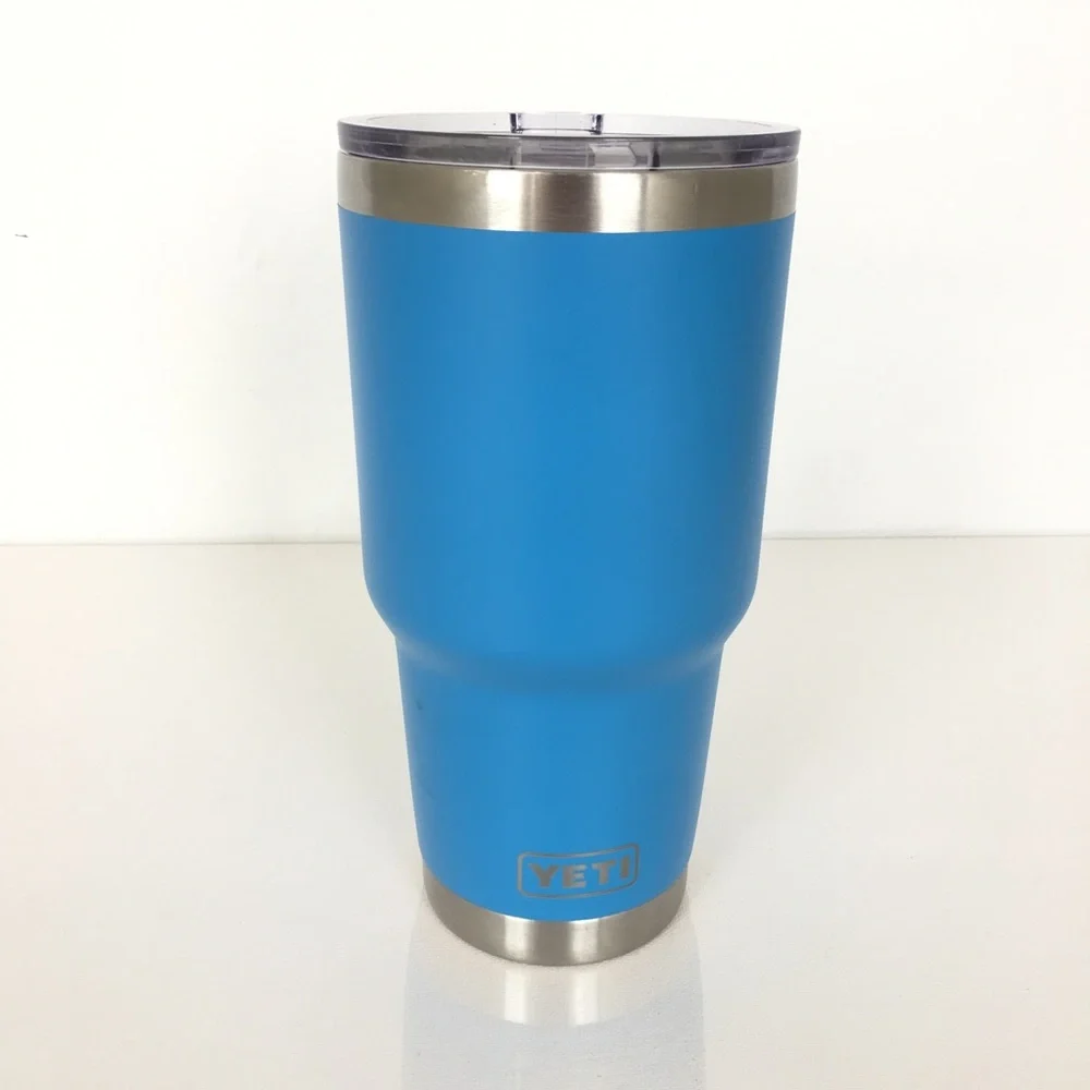 YETI Stainless Steel Tumbler Coffee Cup Blue With Clear Lid Travel
